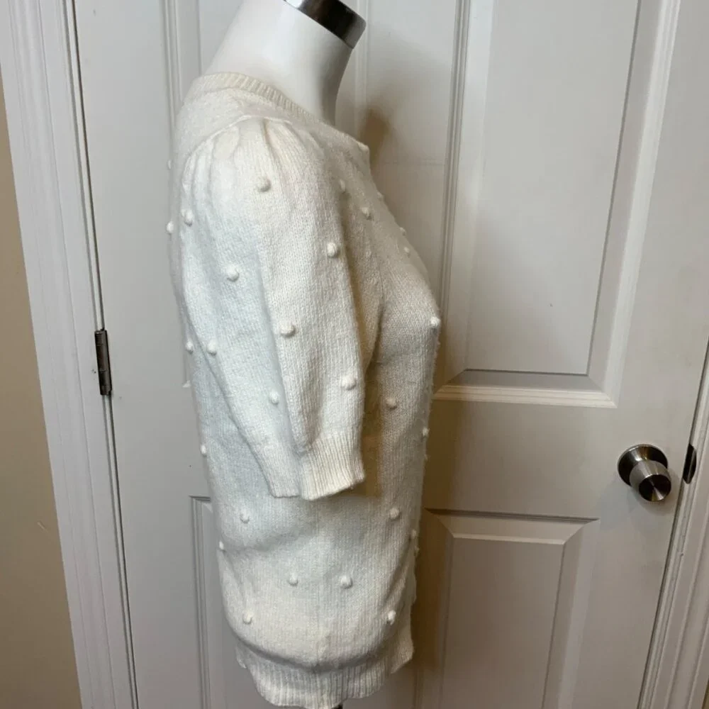 By Anthropologie White Wool Blend Short Sleeve Sweater W/ Pom Pom Nub, Size S - Picture 2 of 5